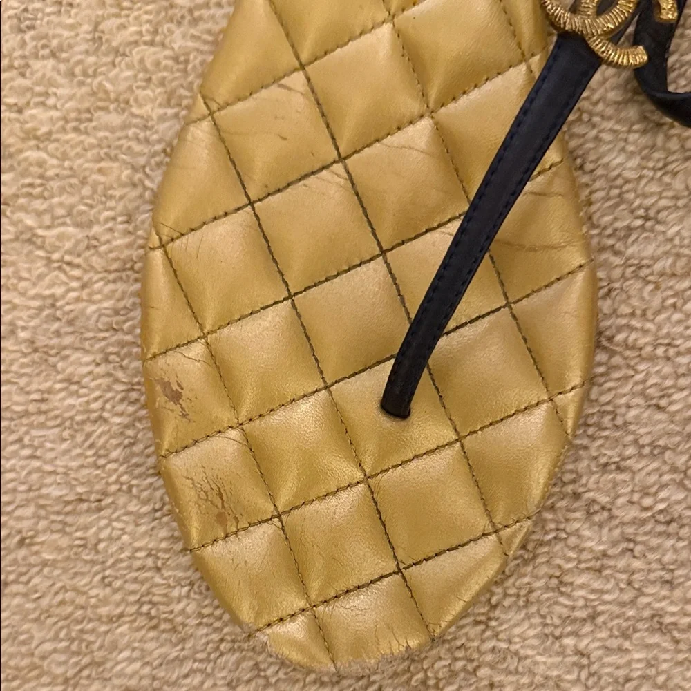 CHANEL Gold and Black Quilted Sandals - Picture 6 of 10